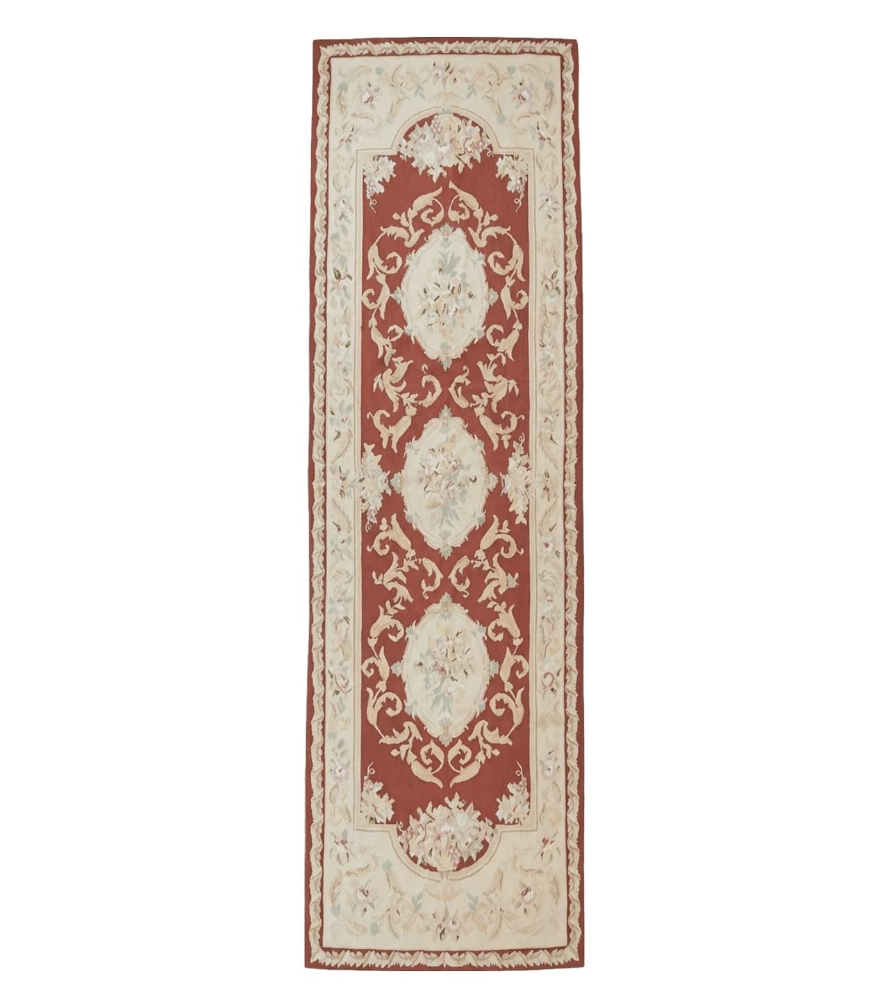 Aubusson Runner Rug 3x10, European Design, Red and Beige, Elegant, Handmade Wool Rug