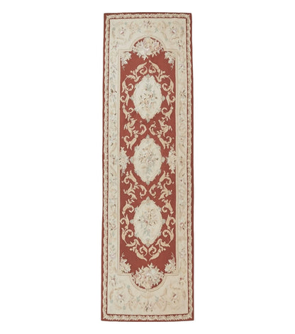 Aubusson Runner Rug 3x10, European Design, Red and Beige, Elegant, Handmade Wool Rug