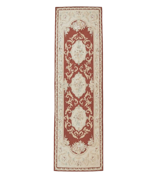 Aubusson Runner Rug 3x10, European Design, Red and Beige, Elegant, Handmade Wool Rug