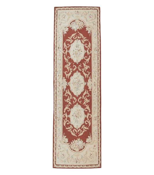 Aubusson Runner Rug 3x10, European Design, Red and Beige, Elegant, Handmade Wool Rug