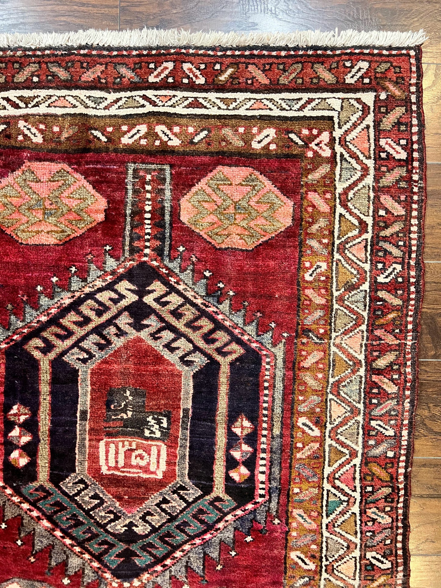 Persian Heriz Runner Rug 3.8 x 8.6, Geometric Design, Large Triple Medallions, Hand Knotted Handmade Vintage Wool Hallway Rug, Red