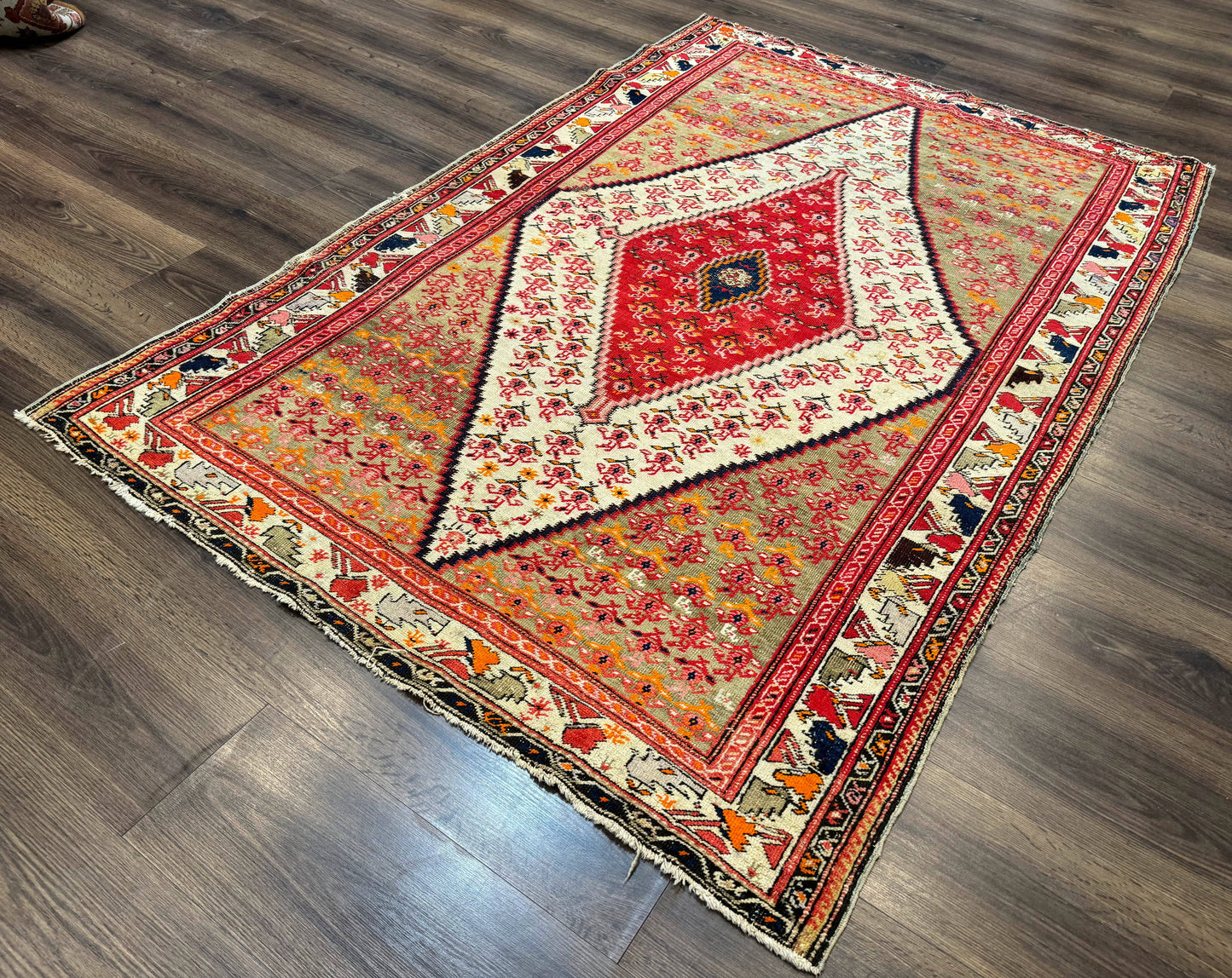 Antique Persian Malayer Rug 4x7, Tribal Senneh Carpet, Geometric, Diamond Design - Nuvé