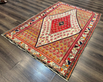 Antique Persian Malayer Rug 4x7, Tribal Senneh Carpet, Geometric, Diamond Design - Nuvé
