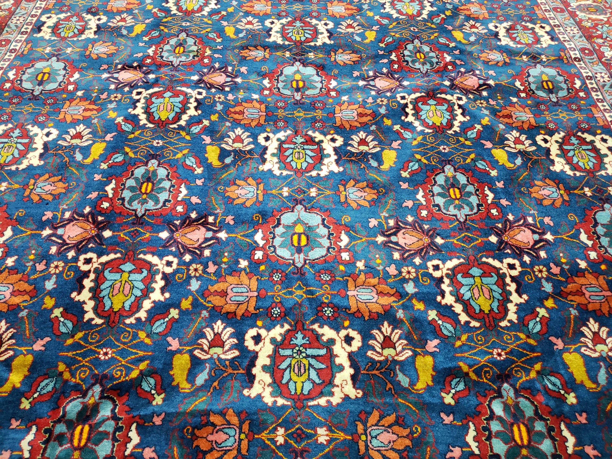 Rare Antique Persian Veramin Carpet, Mina-Khani Pattern, Blue, Red, Ivory, 7x11 ft, Hand-Knotted, Wool - Nuvé
