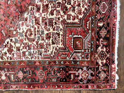 Large Persian Heriz Rug 10x13, Red and Cream Geometric Tribal Room Sized Handmade Wool Hand Knotted Semi Antique Decorative Oriental Carpet - Nuvé