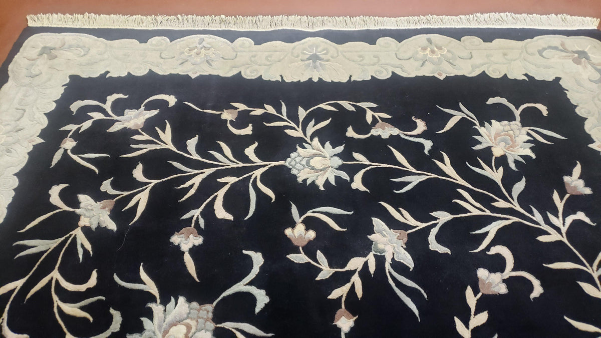 6x9 Vintage Black Gray Chinese Rug 120 Lines Wool Carpet Floral Design Hand-Knotted Soft Pile Entryway Rug Foyer Rug Nice