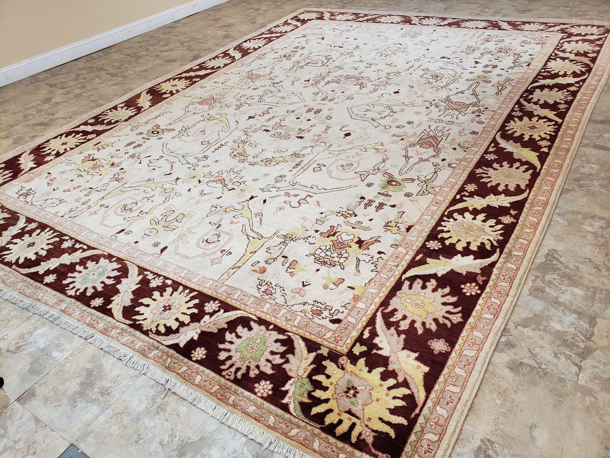Beige and Maroon Peshawar Rug 10x15, Large Oushak Carpet, Pakistani Rug, Handmade Area Rug, Hand Knotted Rug, Living Room Rug, Nice Wool Rug - Nuvé