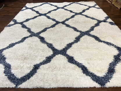 Modern Shag Rug 9x12, Ivory and Dark Blue, Diamond Pattern, Soft, Room Sized, Contemporary Rug, Plush
