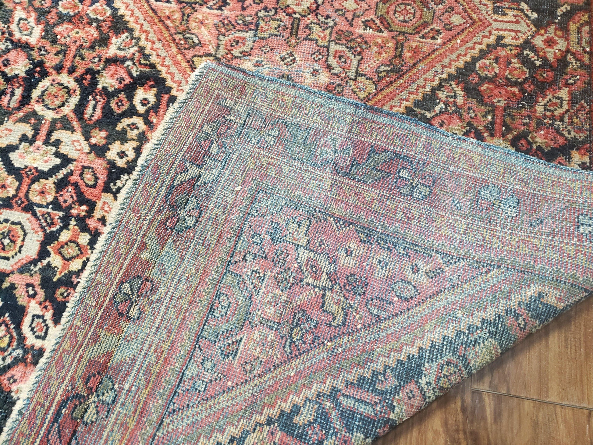 Antique Persian Mahal Area Rug 4.4 x 6.6, Wool Hand-Knotted Shabby Chic Oriental Rug, Red Black 1930s Foyer Room Carpet, Low Pile Boho Rug - Nuvé