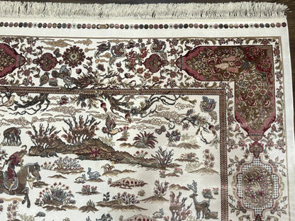 Turkish Silk Rug 5x8, Ivory, Hunting Design, Animal Pictorials, Bamboo Silk - Nuvé