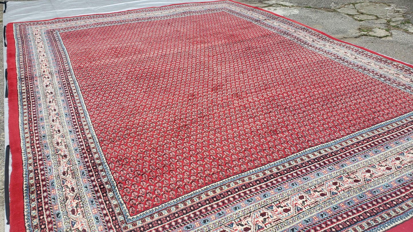 Persian Sarouk Mir Pattern, Red and Beige, Hand-Knotted, Wool, Paisley Boteh Design, 9'9" x 13', Semi Antique - Nuvé