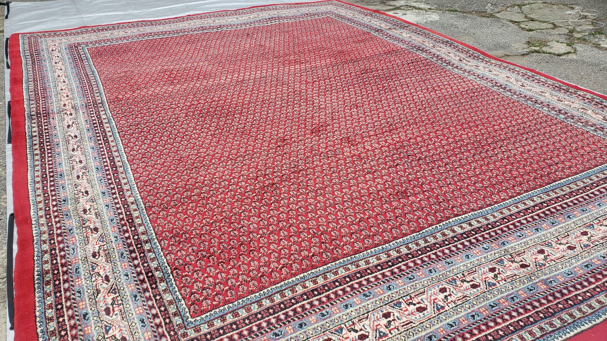 Persian Sarouk Mir Pattern, Red and Beige, Hand-Knotted, Wool, Paisley Boteh Design, 9'9" x 13', Semi Antique - Nuvé