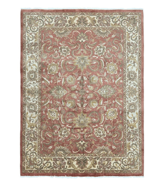 Indian Rug 8x11, Coral and Beige, Floral, Traditional Vintage Wool Carpet