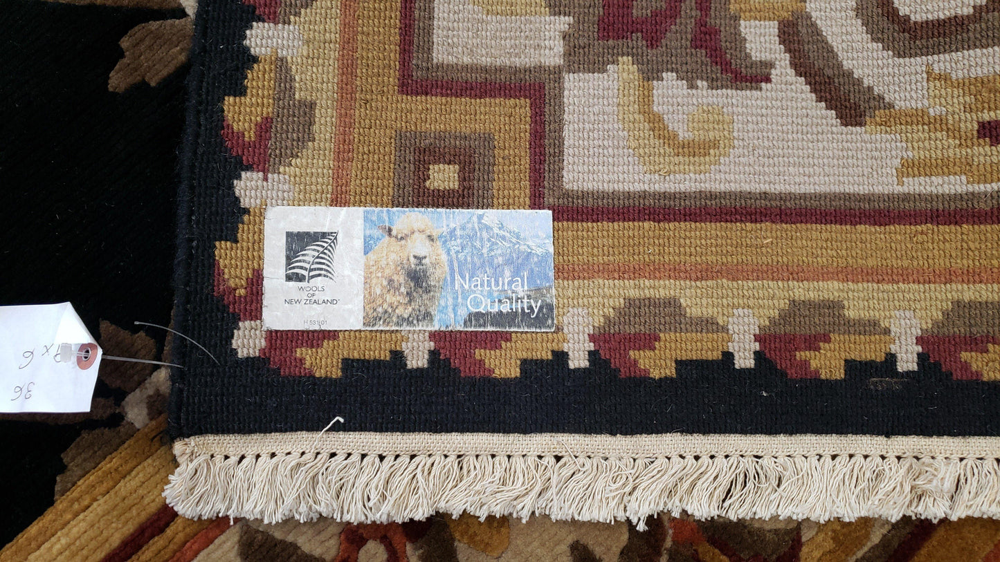 Nepal Rug 6x9, Nepalese Aubusson Area Rug 6 x 9, Hand-Knotted Wool Soft Pile Black & Beige Tibetan Aubusson New Carpet European Savonnerie - Nuvé