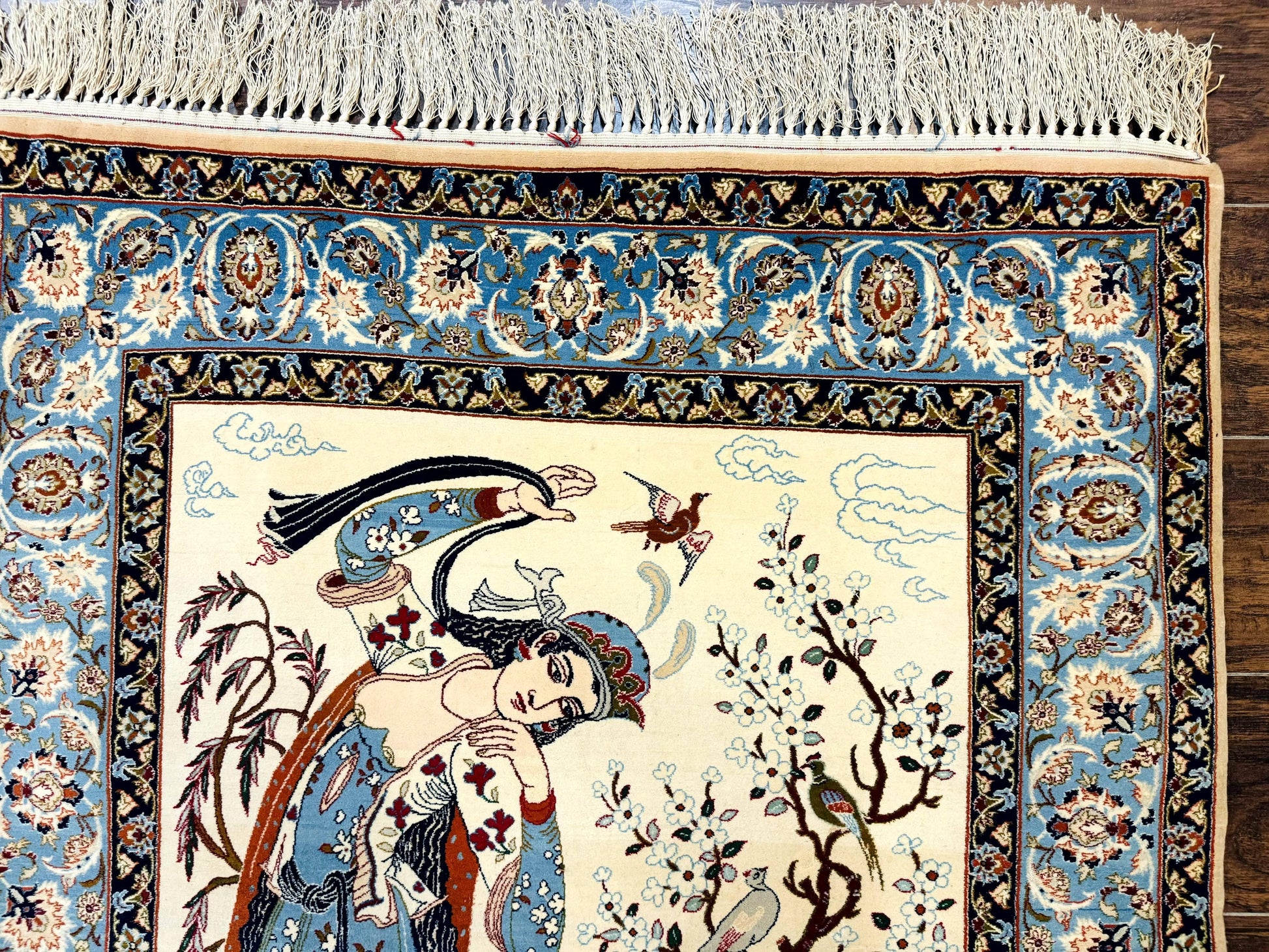Persian Isfahan Pictorial Rug, Two Lovers, Kork Wool on Silk Foundation, Ivory and Light Blue, 500 KPSI Super Fine - Nuvé