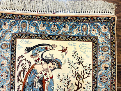 Persian Isfahan Pictorial Rug, Two Lovers, Kork Wool on Silk Foundation, Ivory and Light Blue, 500 KPSI Super Fine - Nuvé
