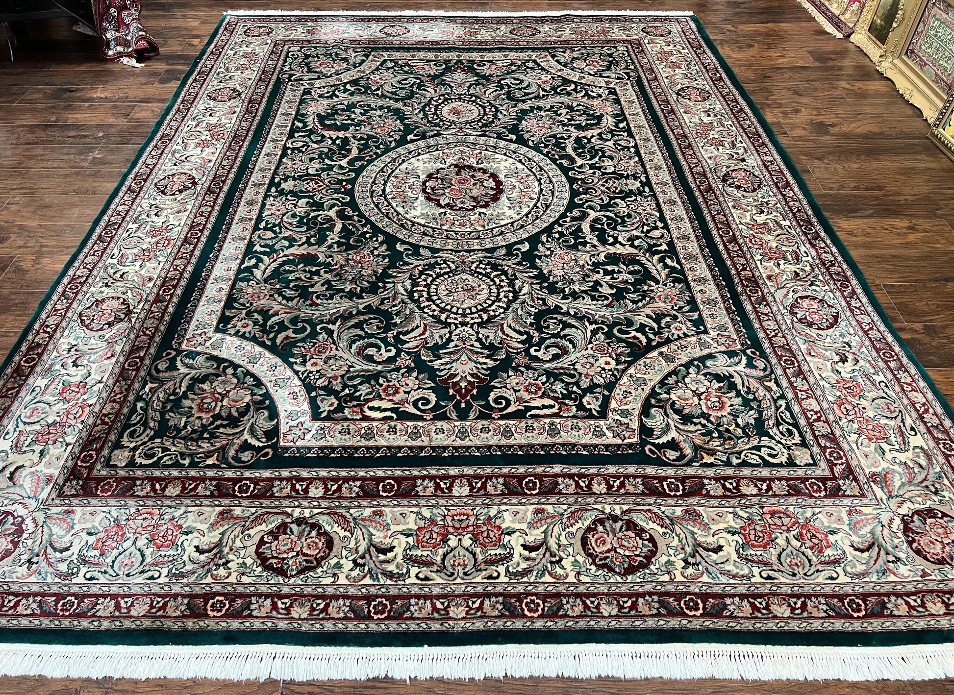 Pak Persian Rug 9x12, Dark Green and Cream, Floral Medallion, Elegant Handmade Wool Carpet 9 x 12 - Nuvé
