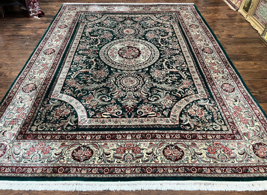 Pak Persian Rug 9x12, Dark Green and Cream, Floral Medallion, Elegant Handmade Wool Carpet 9 x 12 - Nuvé