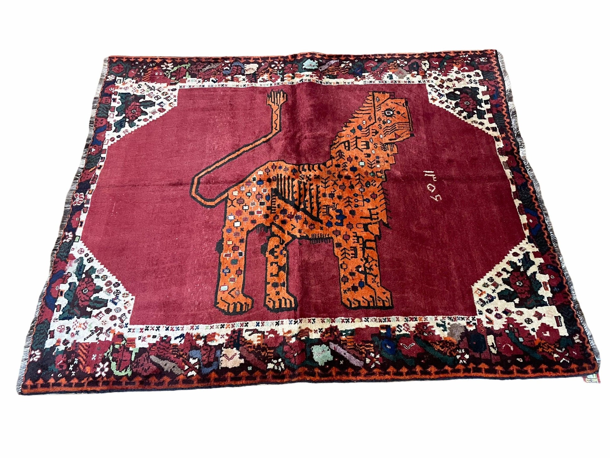 5 X 6 Handmade Rug Zagros Quality Wool Rug Lion Organic Dyes Red Leopard Tribal - Nuvé