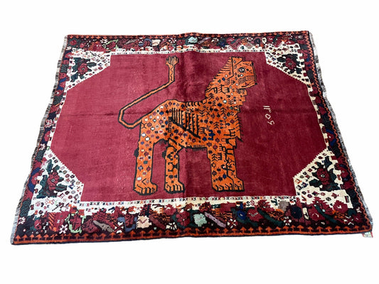 5 X 6 Handmade Rug Zagros Quality Wool Rug Lion Organic Dyes Red Leopard Tribal - Nuvé