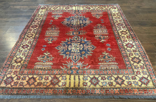 Square Turkish Rug 6x6, Azerbaijani Azeri Turkish Armenian Rug, Red Tan Blue, Geometric, Wool Carpet - Nuvé
