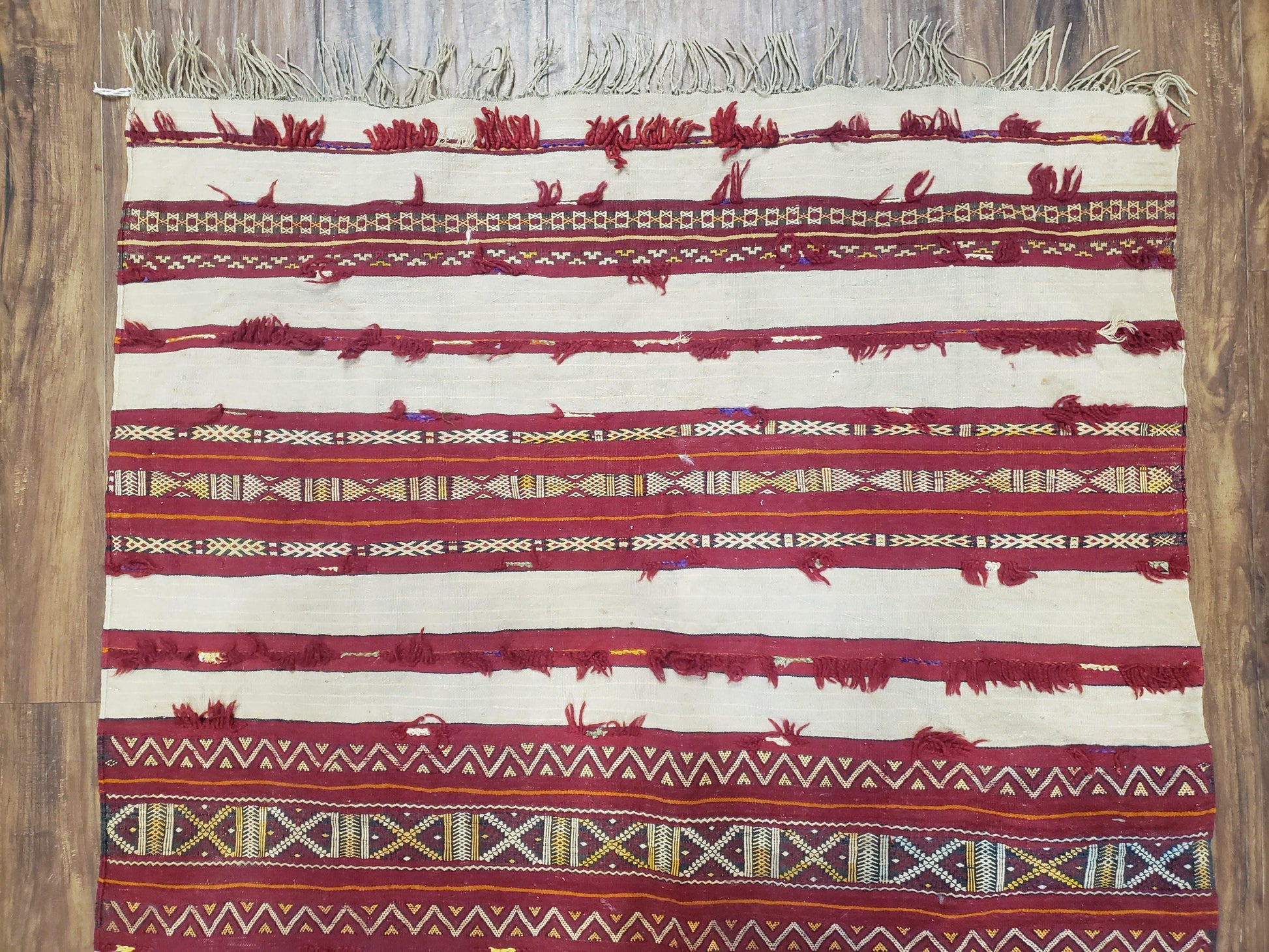Antique Turkoman Yamud Rug 3x5 ft, 1920s Turkmen Sofreh Table Cover, Bohemian Rug, Tribal Collectible, Striped Rug, Handmade Ivory and Red - Nuvé