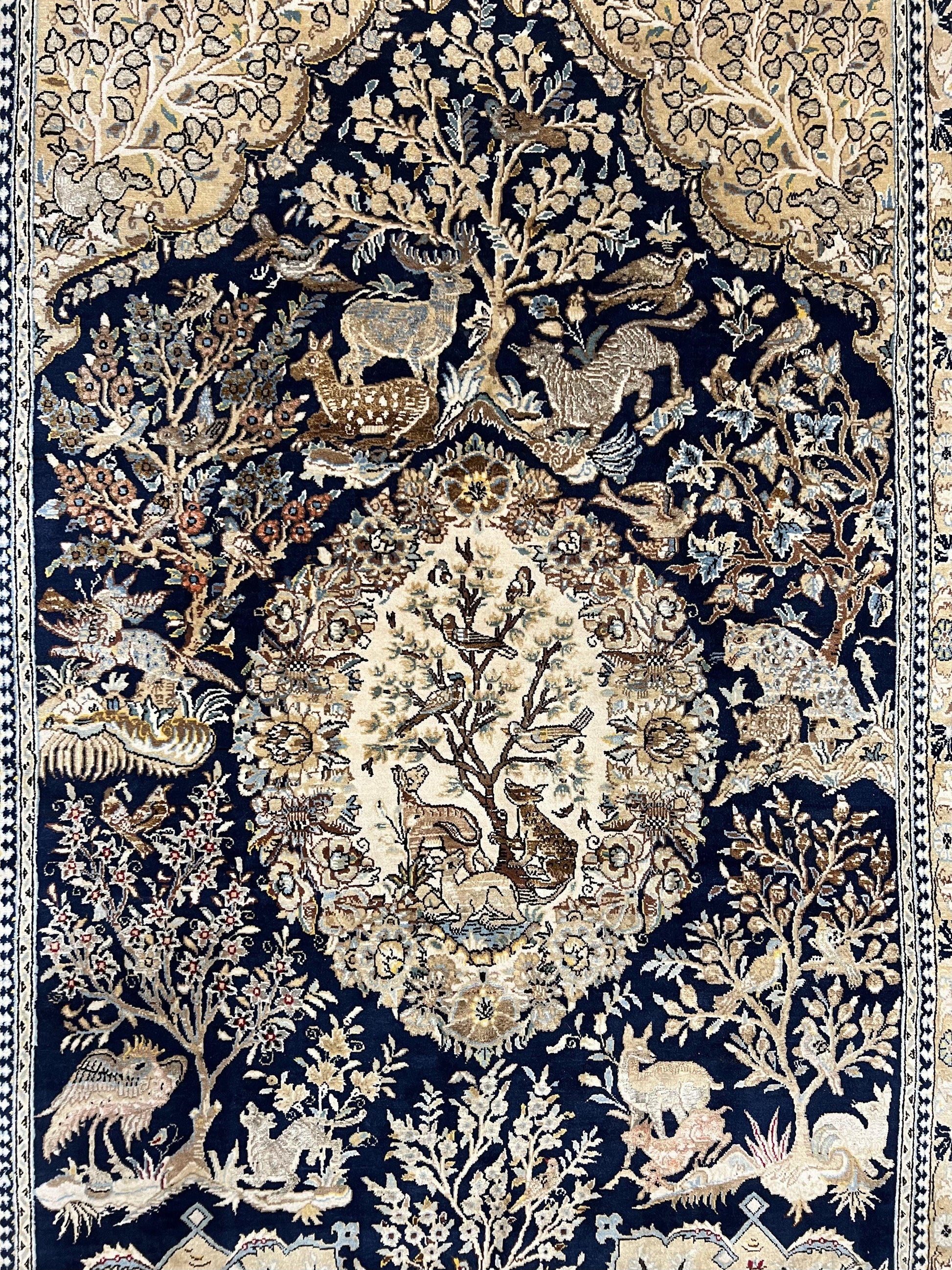 Wonderful Persian Qum Rug 6x9, Animal Pictorials, Tree of Life, Deer Birds, Hand Knotted Oriental Ghom Carpet, Semi Antique Vintage, Navy Blue Green - Nuvé
