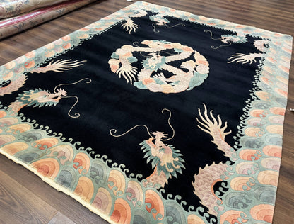 Black Chinese Wool Rug 8x10 with Dragons, Rainbow Borders, Rare - Nuvé
