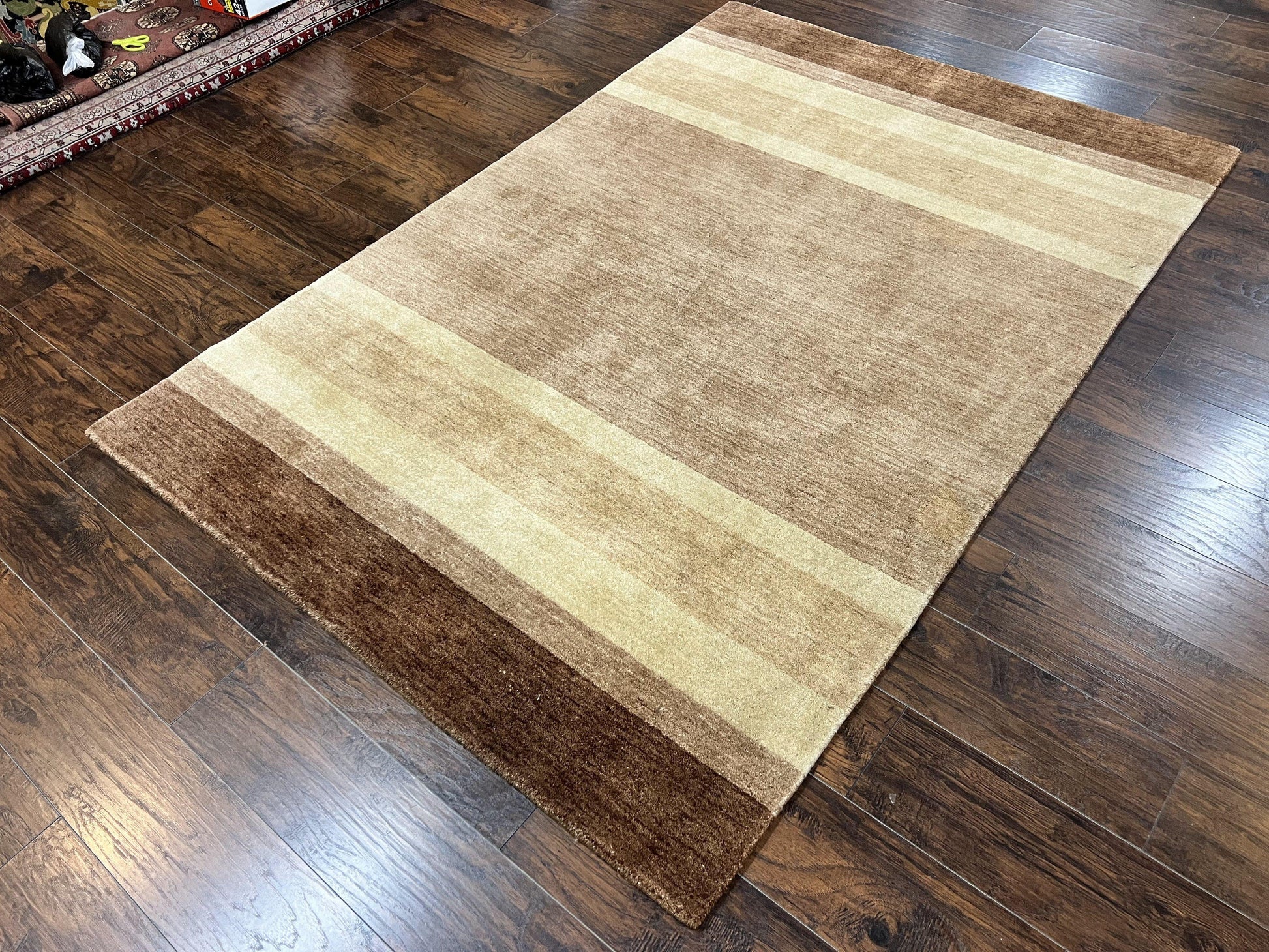 Indo Gabbeh Rug 5x8, Contemporary Wool Stripped Modern Area Rug, Hand Knotted Medium Sized Carpet - Nuvé