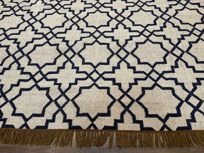 Indian Kilim Rug 8x10, Oat and Navy Blue, Dhurrie Carpet, Handmade, Wool - Nuvé