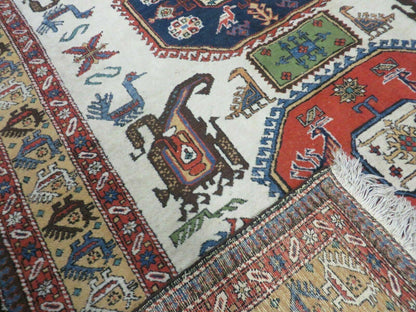 7' X 10' Vintage Handmade Knotted Turkish Wool Rug Birds Animal Ivory Organic - Nuvé