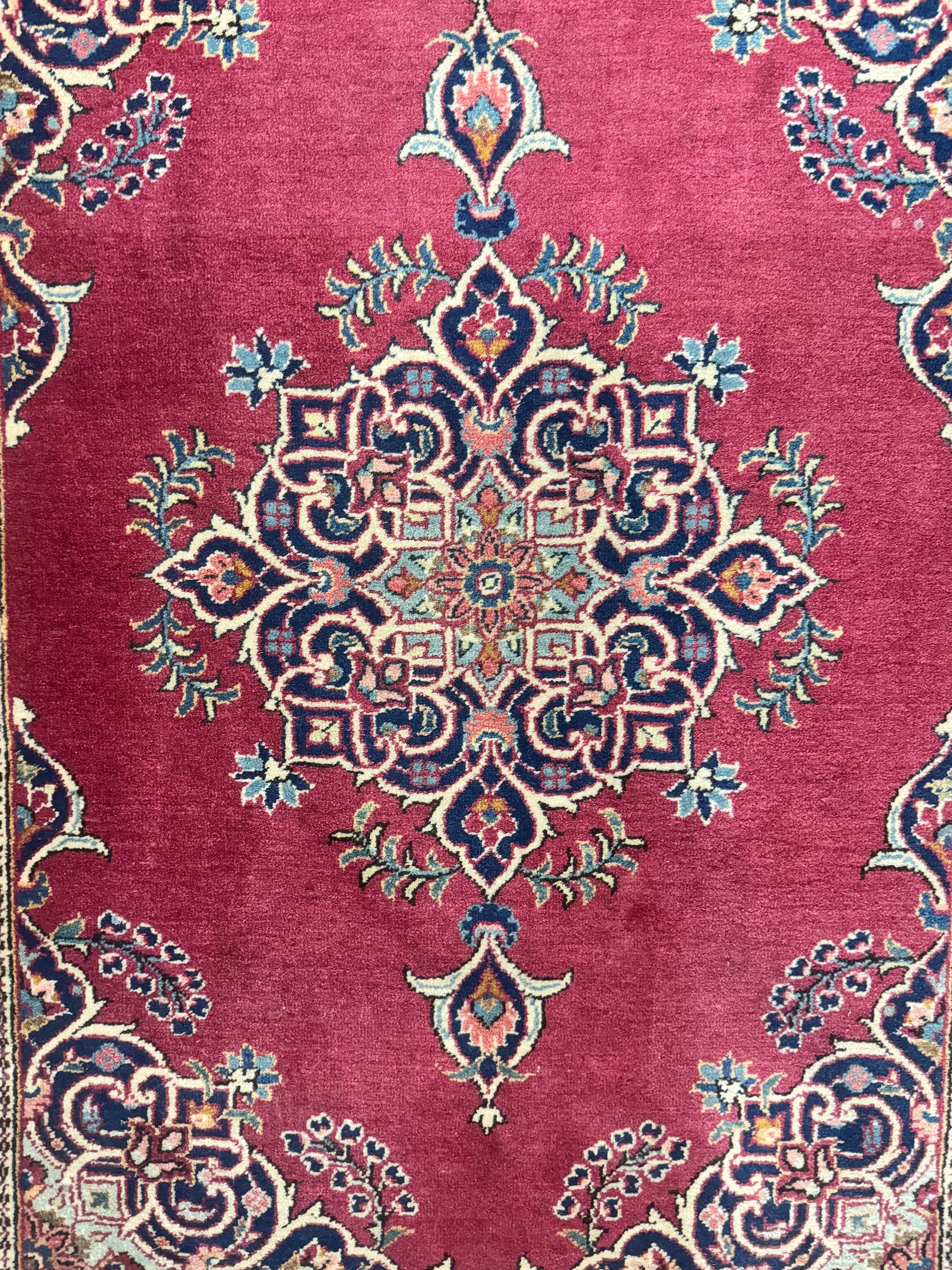 Small Persian Kashan Rug 2x3, Red and Navy Blue, Handmade Vintage Wool Semi Antique Persian Carpet, Semi Open Field, Pair B - Nuvé
