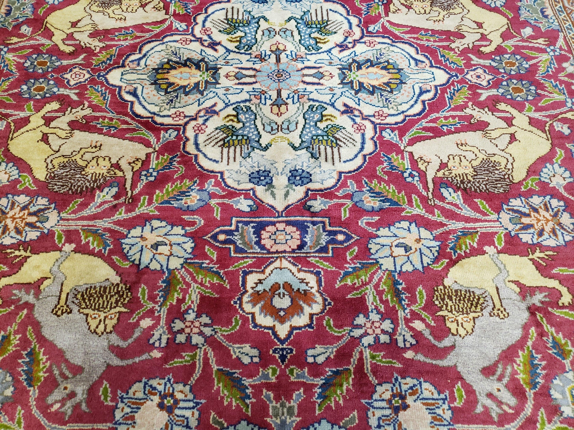 Antique Turkish Sivas Area Rug 8x11, Hand-Knotted, Vintage Red Wool Carpet, Gazelles Lions, Boteh Border, 8' x 11' Top Quality Oriental Rug - Nuvé