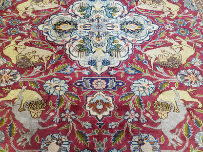 Antique Turkish Sivas Area Rug 8x11, Hand-Knotted, Vintage Red Wool Carpet, Gazelles Lions, Boteh Border, 8' x 11' Top Quality Oriental Rug - Nuvé
