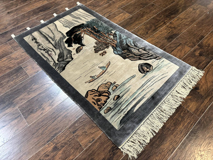 Chinese Silk Wall Hanging 3x5, Handmade, River and Boat Scene, Rug Tapestry - Nuvé