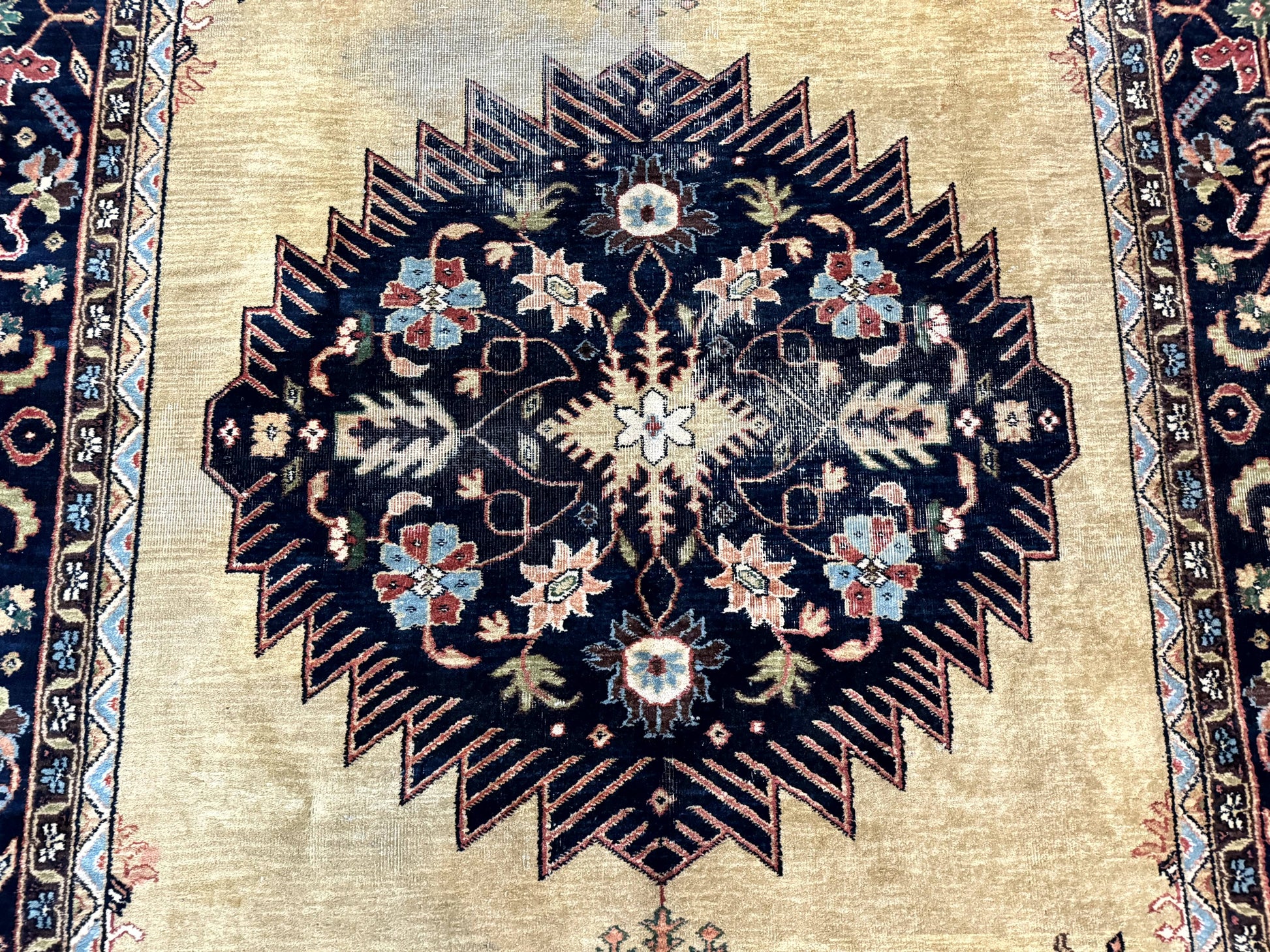 Indo Persian Heriz Rug 8x12, Camel Hair Tan and Navy Blue, Decorative - Nuvé