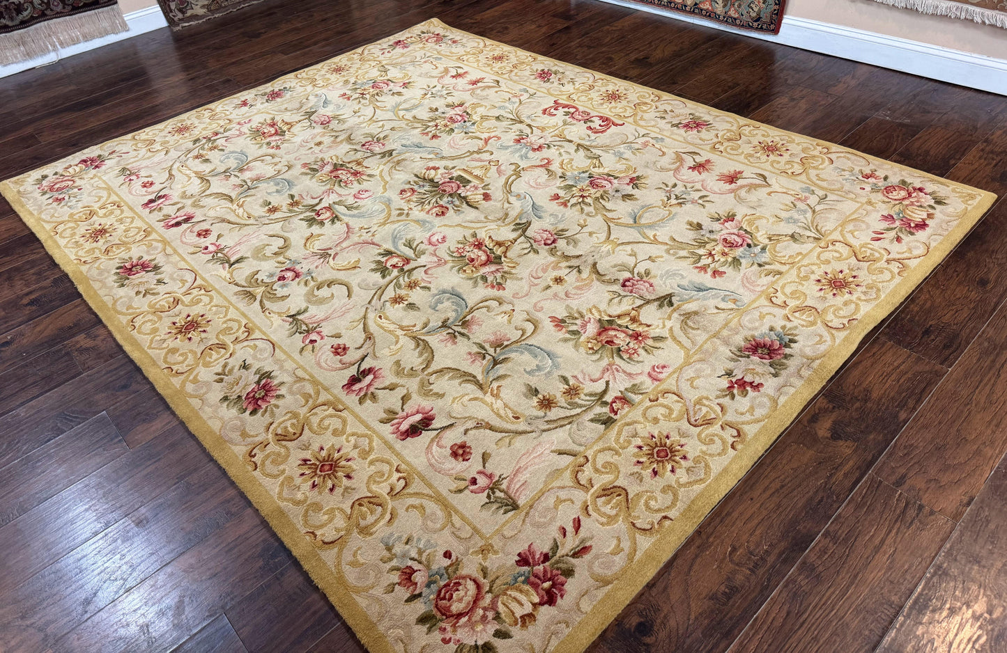 Aubusson Rug 8x10, French European Design, Vintage Handmade Wool Carpet, Aubusson Rug with Pile, Floral - Nuvé