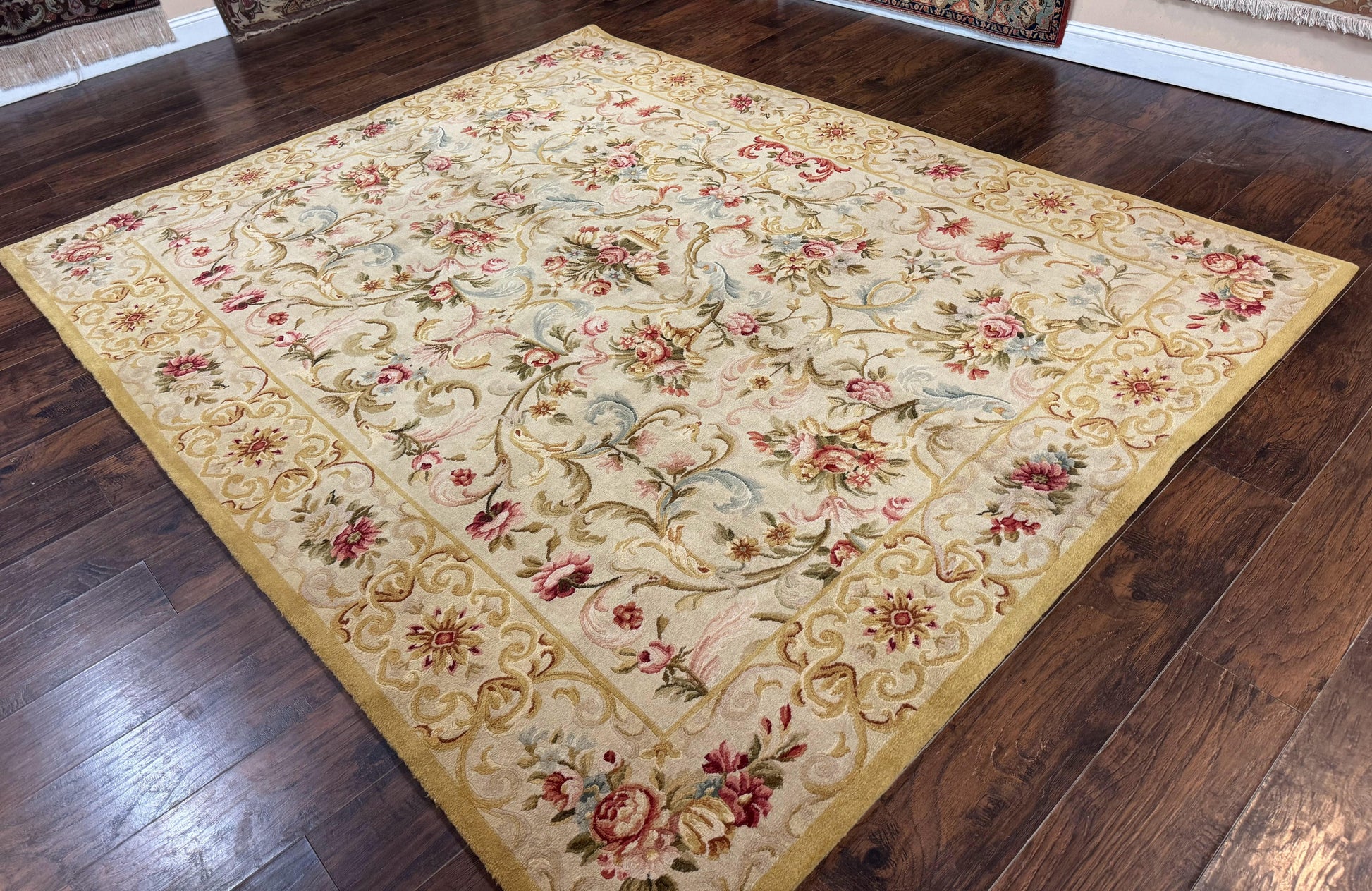 Aubusson Rug 8x10, French European Design, Vintage Handmade Wool Carpet, Aubusson Rug with Pile, Floral - Nuvé