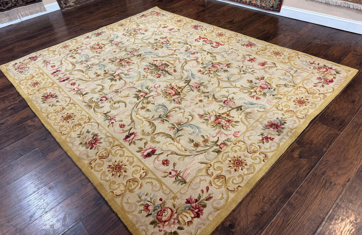 Aubusson Rug 8x10, French European Design, Vintage Handmade Wool Carpet, Aubusson Rug with Pile, Floral