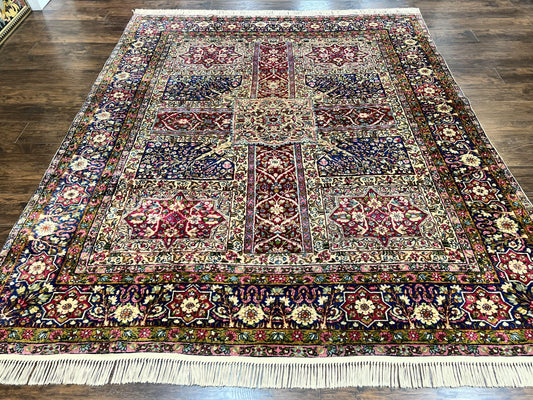 Persian Kirman Lavar Rug 8x9, Antique Persian Carpet, Colorful Multicolor 1920s Handmade Wool Rug, Garden Panel Design, Fine 200 KPSI - Nuvé