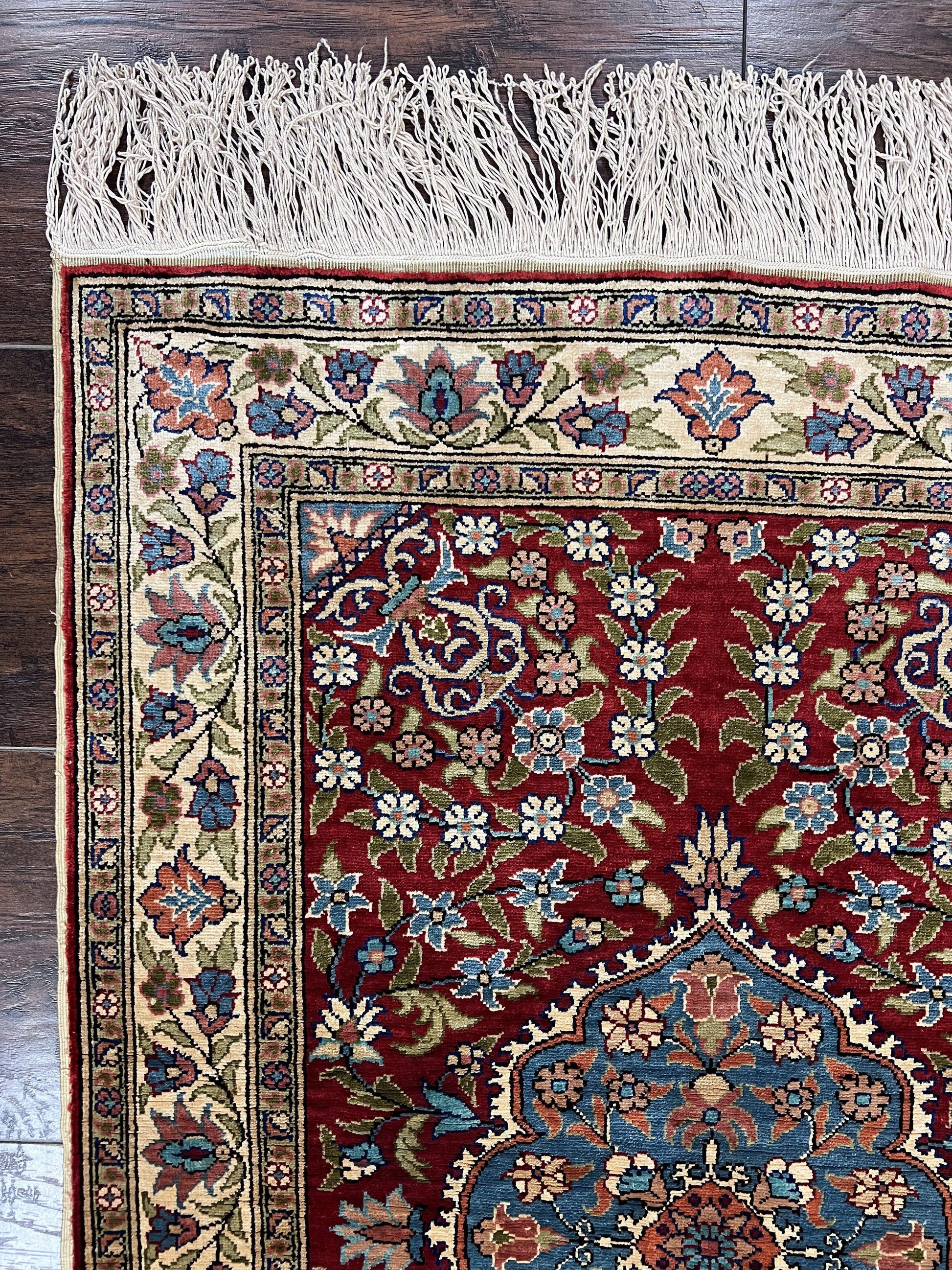 Silk Turkish Kayseri Rug 2x3, Small All Silk Turkish Carpet, Red and Light Blue, Very Fine Hand Knotted Semi Antique Vintage Handmade Rug - Nuvé