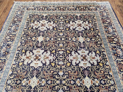 Persian Kashan Rug, Navy Blue, Hand-Knotted, Wool, 4' 8" x 7' 4", Pair A - Nuvé