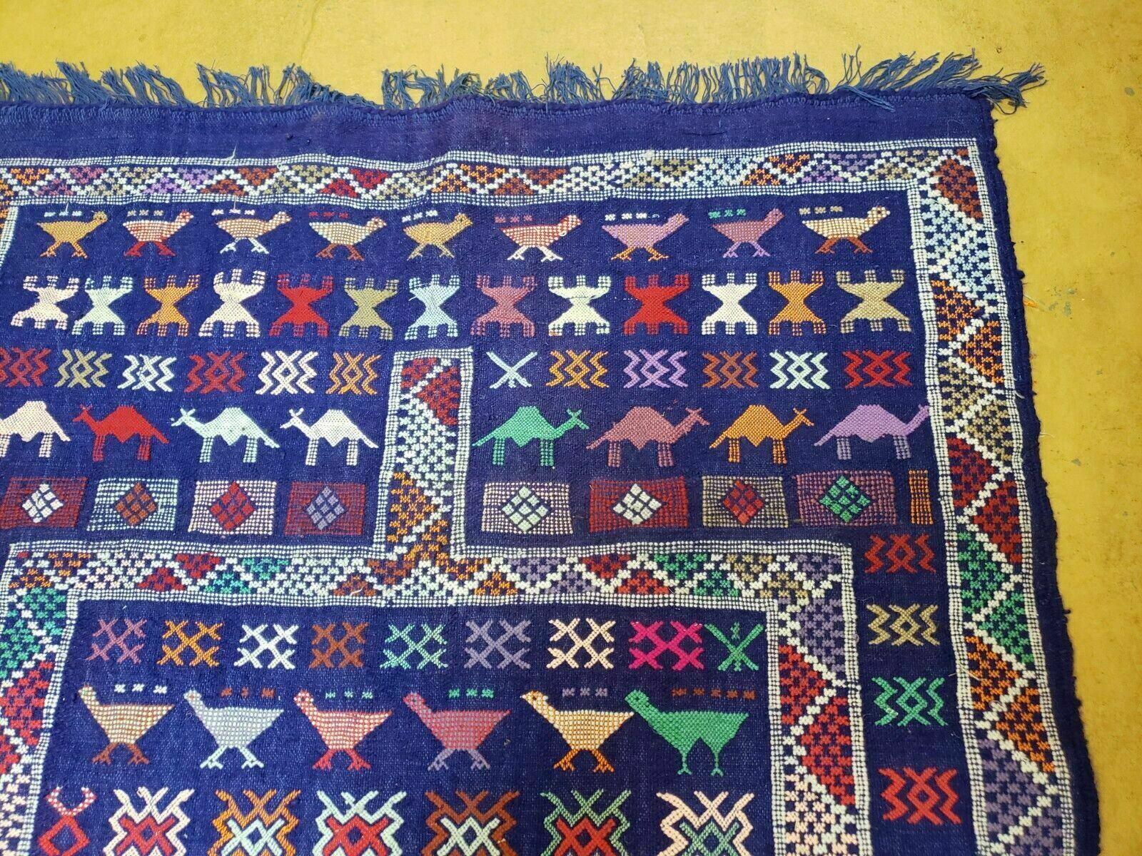 3' X 7' Vintage Handmade Indian Wool Kilim Flat weave Rug Camel Birds Blue Geometric Short Runner - Nuvé