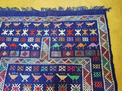 3' X 7' Vintage Handmade Indian Wool Kilim Flat weave Rug Camel Birds Blue Geometric Short Runner - Nuvé