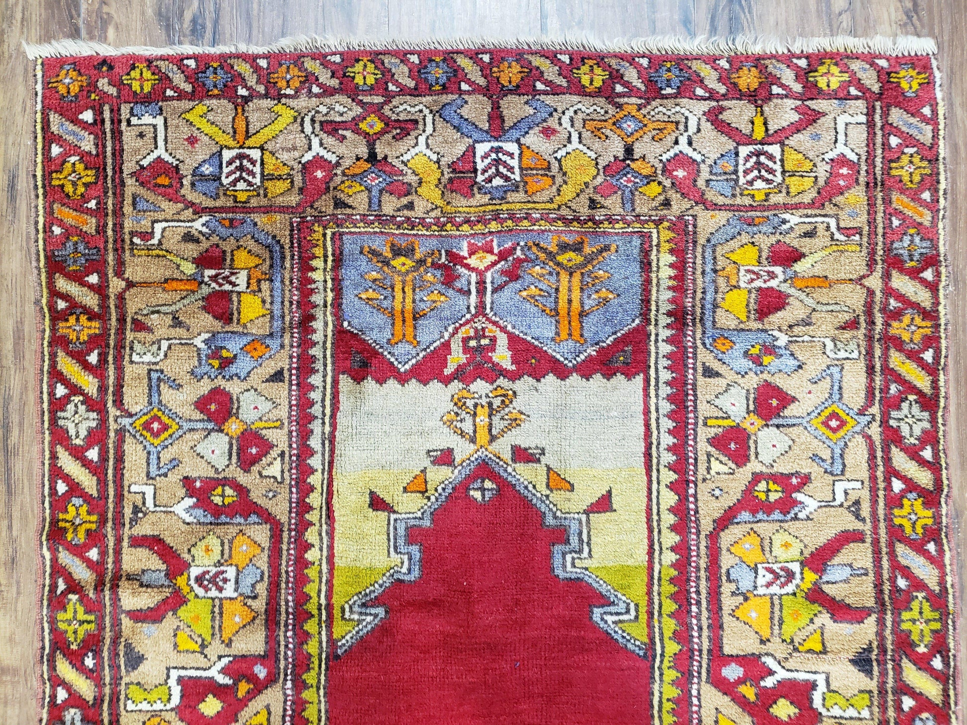 Antique Turkish Prayer Rug 3.8 x 5ft, Colorful Prayer Rug, Red Blue Gold Multicolor Turkish Anatolian Carpet, Handmade Hand-Knotted, Wool - Nuvé