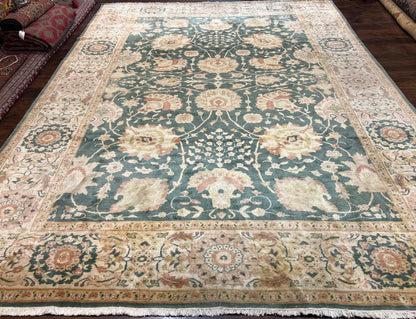 Egyptian Mahal Rug 10x14, Large Vintage Floral Hand Knotted Wool Carpet 10 x 14, Dark Green and Beige Traditional Handmade Persian Area Rug - Nuvé