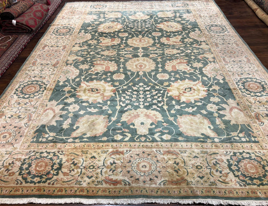 Egyptian Mahal Rug 10x14, Large Vintage Floral Hand Knotted Wool Carpet 10 x 14, Dark Green and Beige Traditional Handmade Persian Area Rug - Nuvé