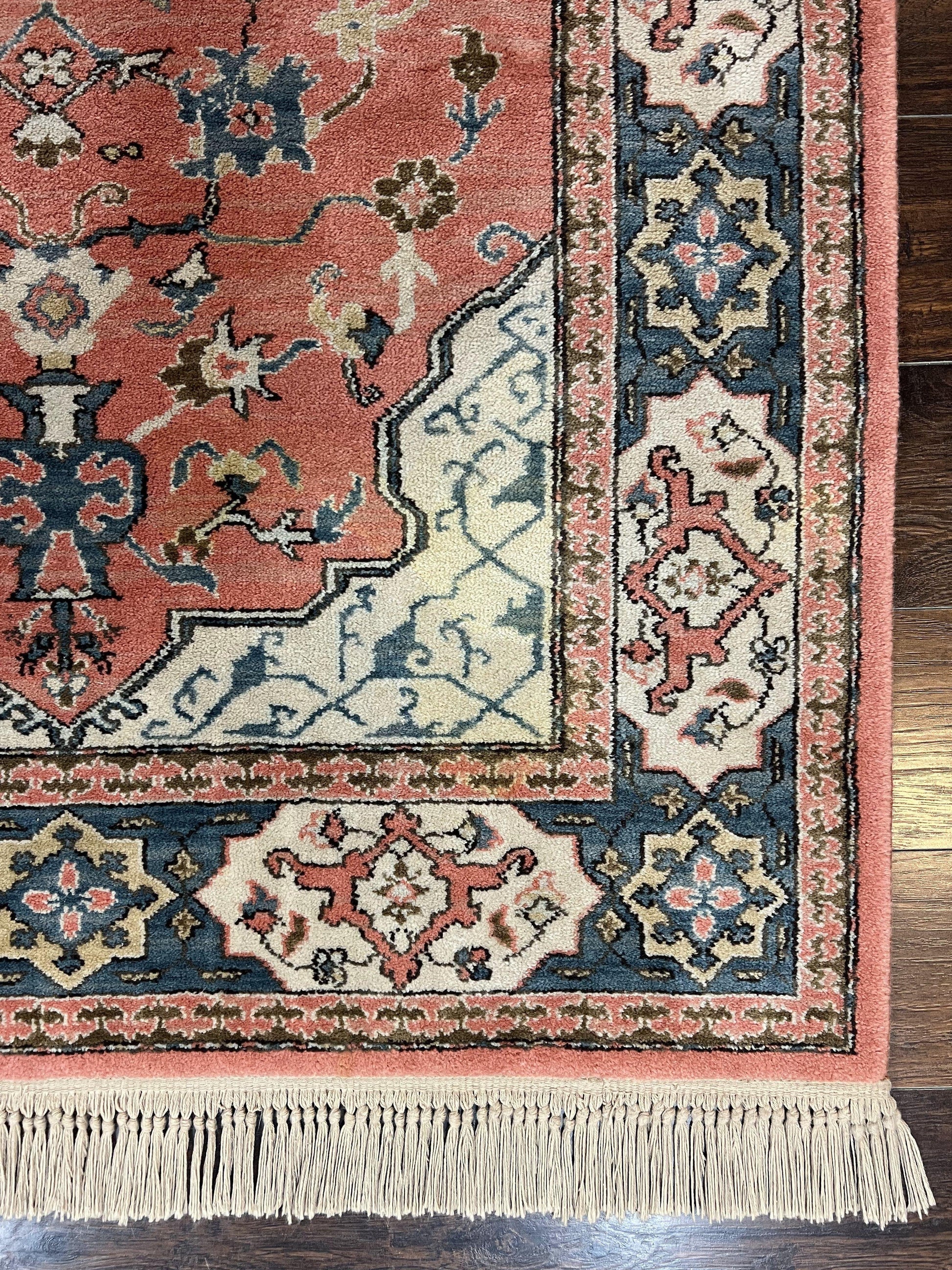 Karastan Rug 4x6 Bergama Design #737, Karastan Area Rug, Vintage Wool Karastan Carpet, Original Collection 700 Series, Salmon Red Light Blue - Nuvé