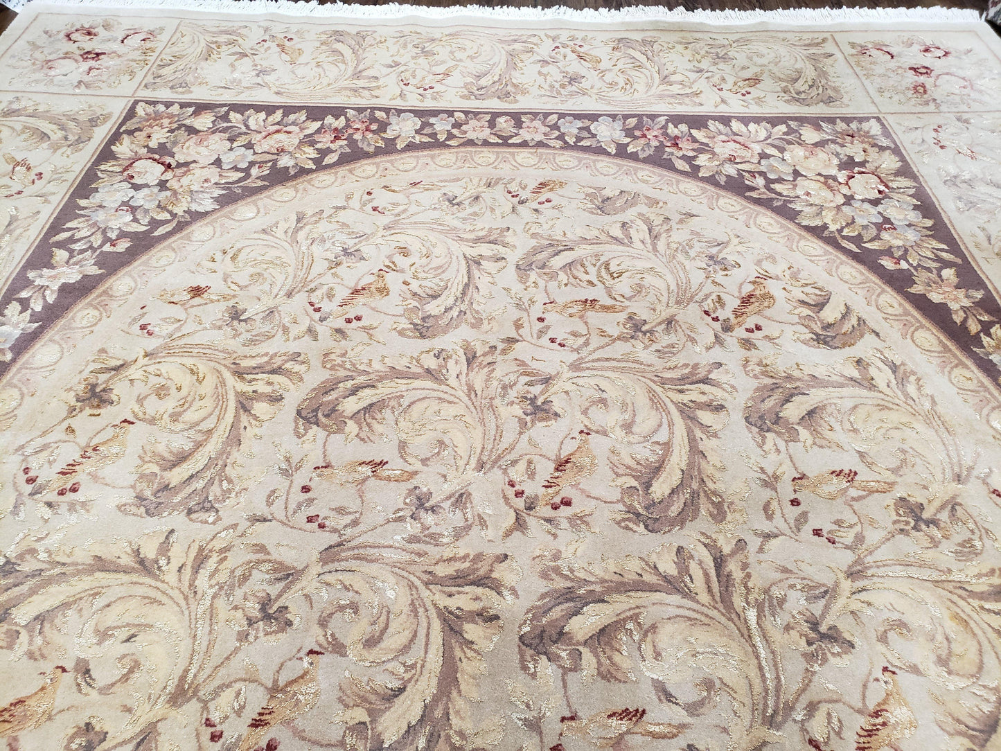 Chinese Aubusson Savonnerie Area Rug 8x12, Vintage 120 Line Carpet, Wool and Silk Hand-Knotted, Birds Flowers Master Weaver Signature - Nuvé