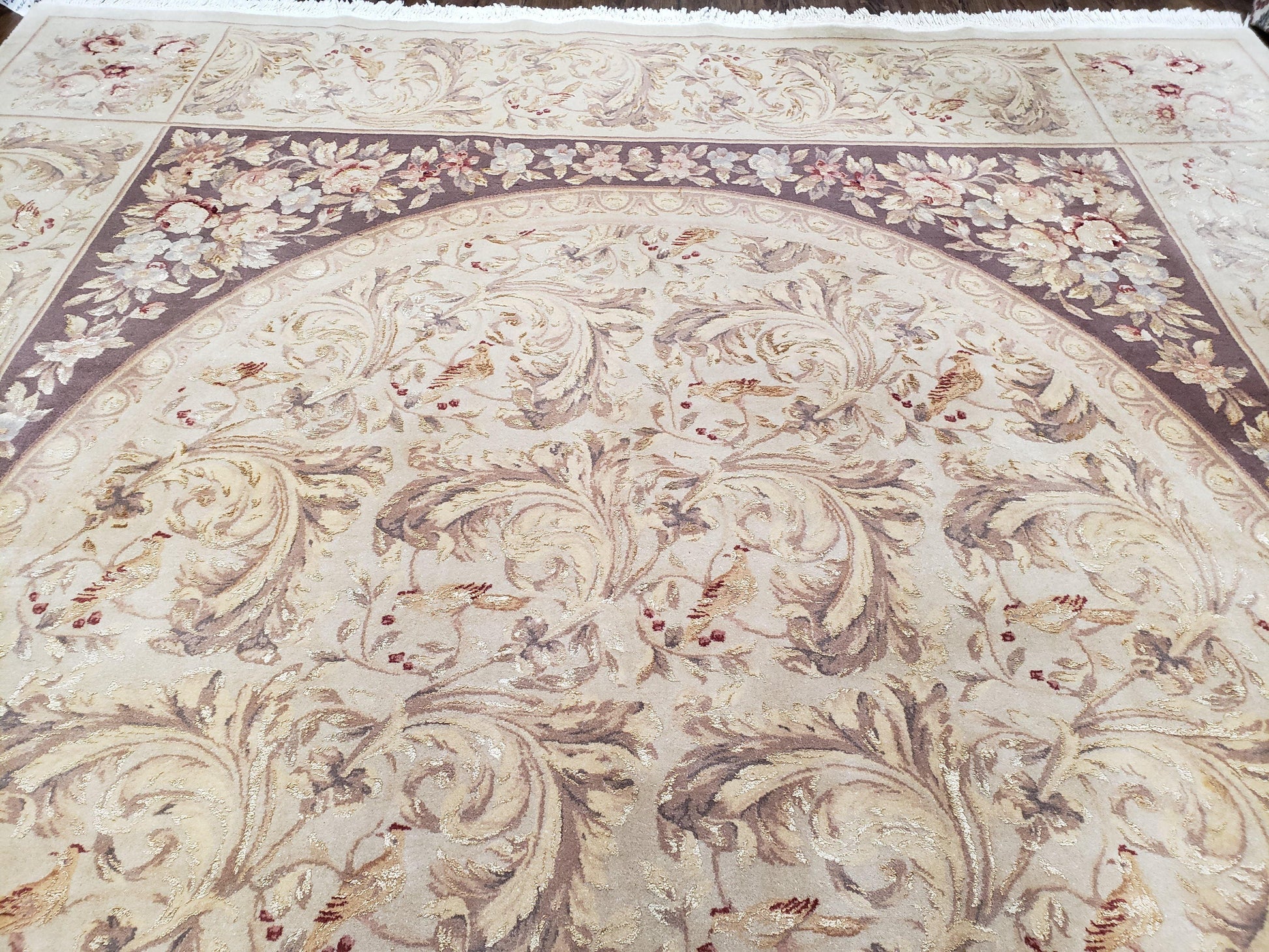Chinese Aubusson Savonnerie Area Rug 8x12, Vintage 120 Line Carpet, Wool and Silk Hand-Knotted, Birds Flowers Master Weaver Signature - Nuvé